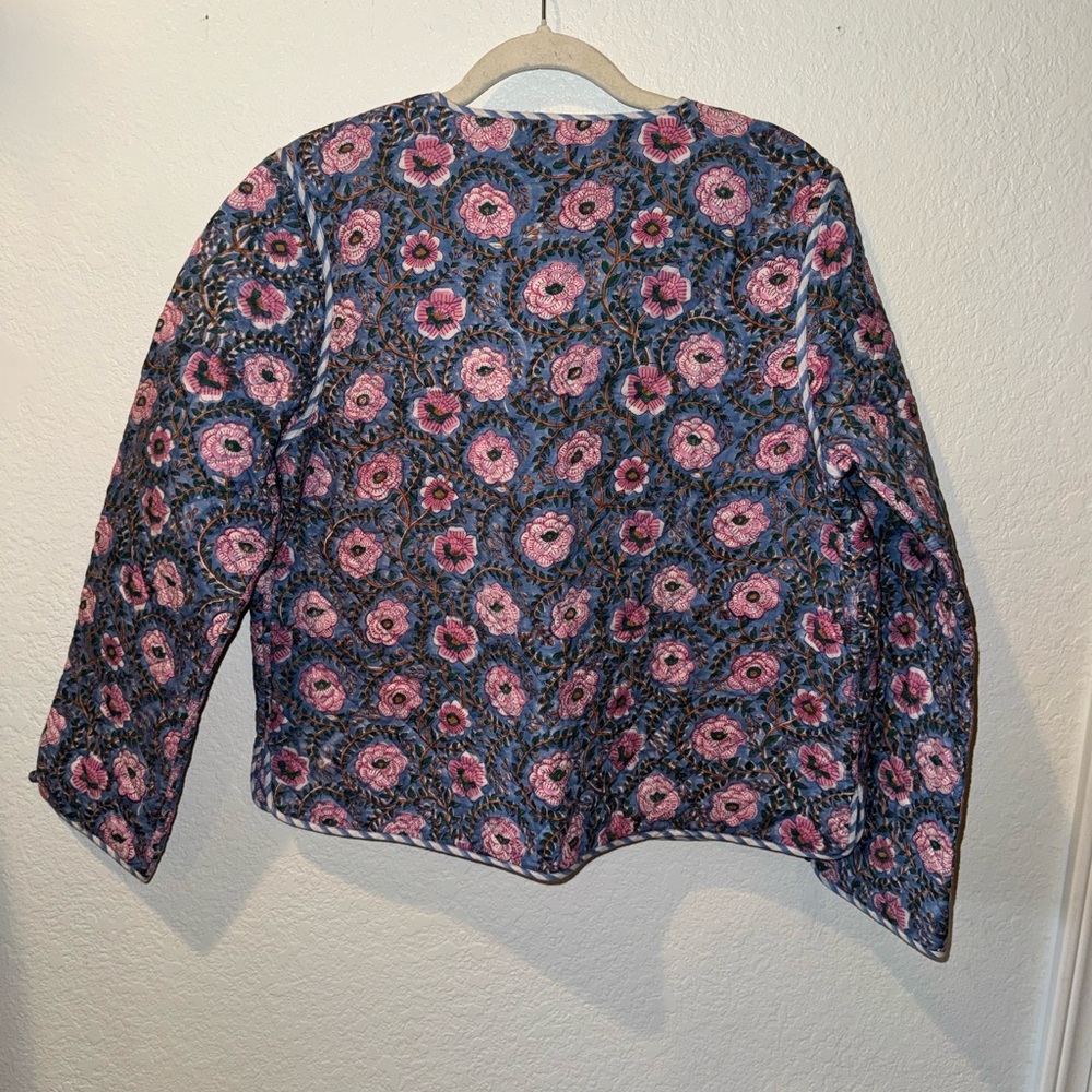 Fabindia Purple Floral Block Print 100% Cotton Quilted Button Front Jacket Large - Picture 10 of 10